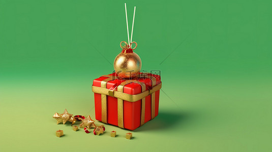 庆祝绿色背景图片_圣诞蛋糕的节日 3D 插图在带有金铃和绿色背景的红色礼品盒中弹出