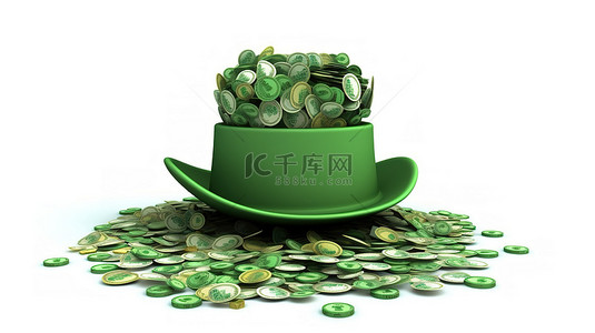 金钱帽背景图片_圣帕特里克节孤立绿帽与金钱的 3D 插图