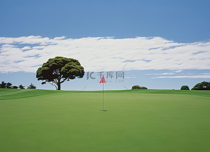 摇滚旗帜背景图片_一个大的绿色草地高尔夫球场，上面有旗帜和天空