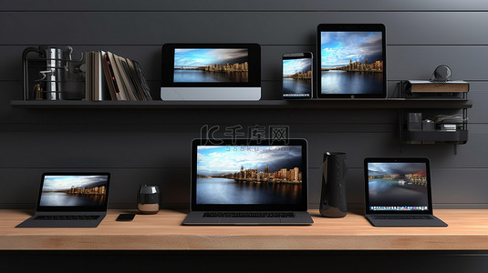 时尚黑色壁架笔记本电脑手机和平板电脑上显示的数字设备