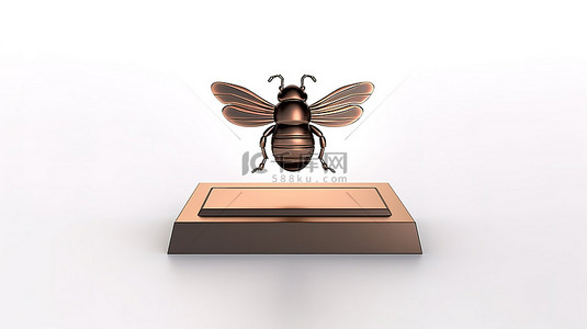 昆虫徽章青铜 bug 徽章位于光滑的白色大理石支架上，非常适合网站社交媒体演示设计模板和 3D 渲染