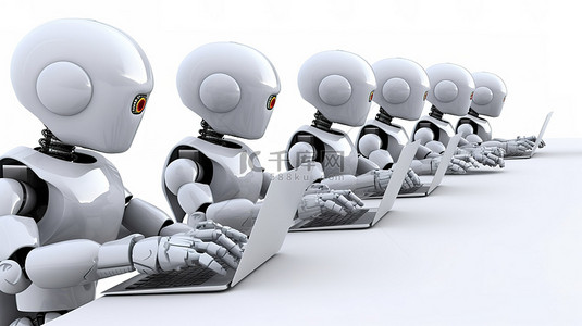 可爱的机器人团队在自动化办公环境中的电脑笔记本上工作，在白色背景上进行 3D 渲染