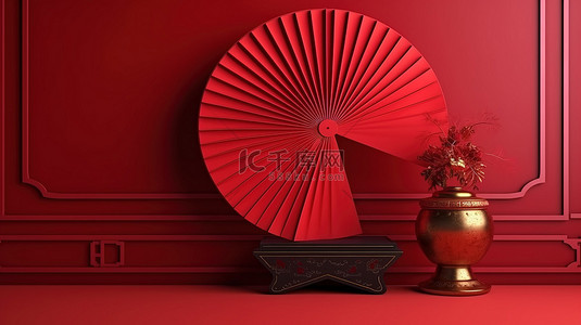 东方主题产品展示台，带有令人惊叹的红色中国扇形墙 3D 渲染