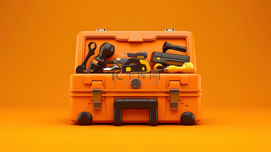 3D 渲染单色工具箱，用于大胆的橙色背景下的服务车库
