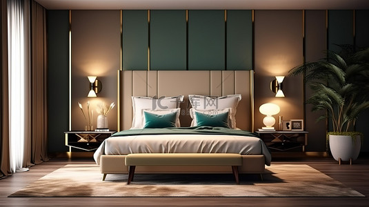 双人床背景图片_装饰艺术酒店客房的 3D 渲染，配有豪华双人床豪华软垫床头板和带台灯的别致床头柜