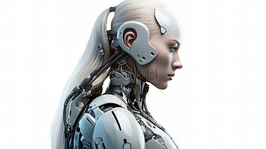 女模特背景图片_在白色背景上隔离的 3D 渲染中女性机器人或机器人的侧视图