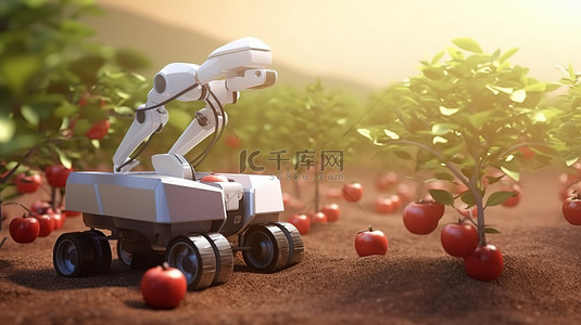 智慧农业背景图片_由 3D 渲染机器人辅助新鲜红苹果农业技术的未来
