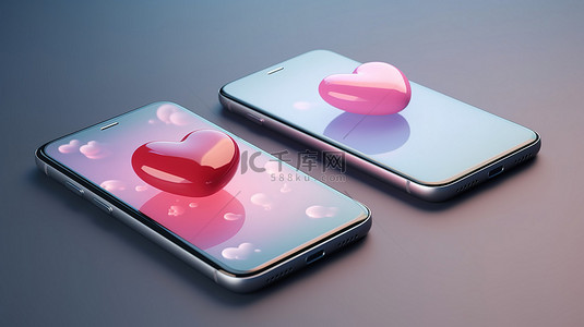 概念 3D 心形图标表示两部手机之间的爱情和连接，用于在线约会消息
