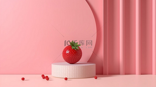 简单的背景非常适合展示 3D 渲染的食品概念，配有粉红色讲台和新鲜草莓