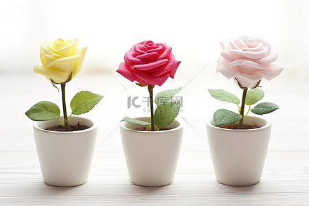 白色木桌上放着三个罐子，里面放着不同颜色的玫瑰