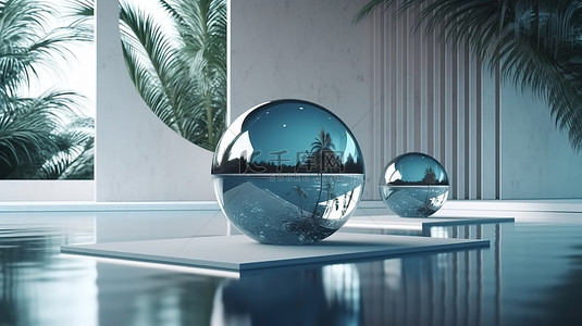 水滩背景图片_华丽的 3D 讲台设置在棕榈滩陶瓷球和玻璃墙上，带水反射