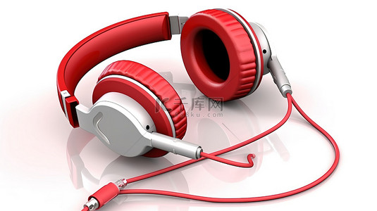 白色背景上隔离的 3D 红色有线耳机