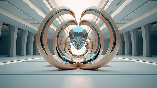 弯曲物体的对称圆抽象建筑图形在 3D 渲染中