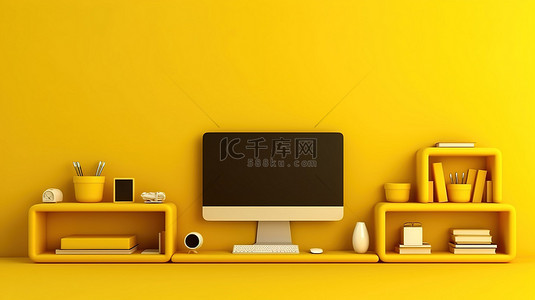 黄色墙架横幅的 3D 插图，配有电脑笔记本电脑手机和平板电脑