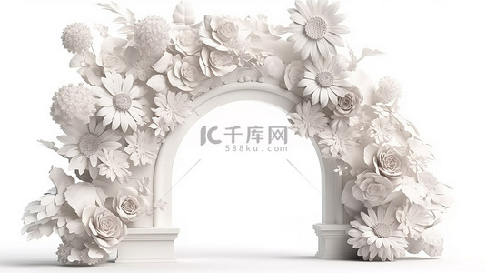 白色背景下花卉拱门的 3d 渲染
