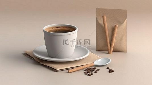 白色背景上带有牛皮纸棒香袋 3D 渲染的咖啡杯模型