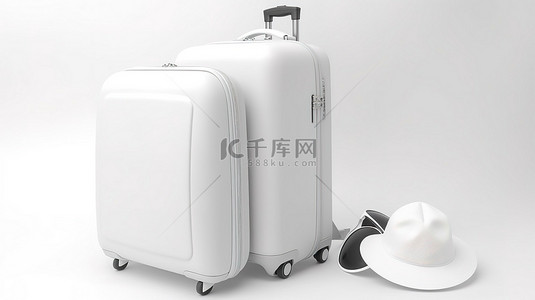 户外背景夏季背景图片_白色手提箱和旅游背包在白色背景上的 3d 渲染