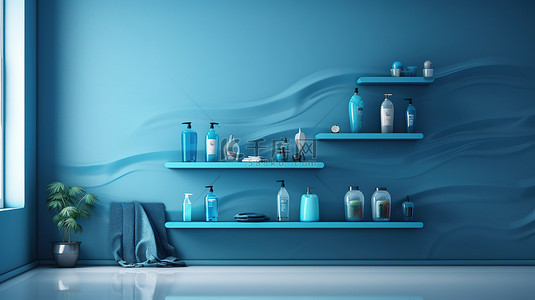 蓝色背景美女背景图片_蓝色背景上的产品展示架，3D 场景中水滴分散