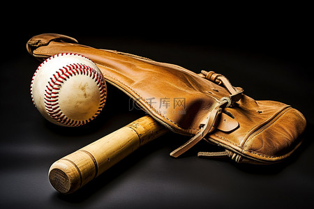 球旁边放着一根旧棒球棒和手套