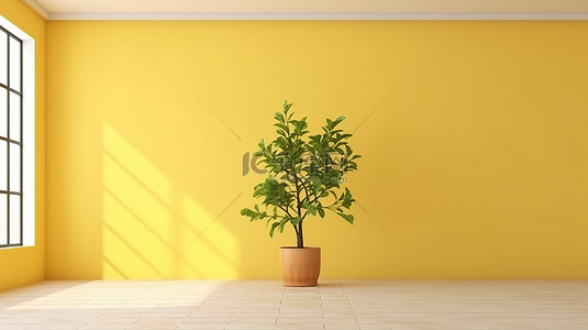 现代办公室背景背景图片_时尚简约的简约 3D 渲染，呈现出朴素的现代办公室或家庭空间，配有引人注目的黄色砖墙和绿色植物