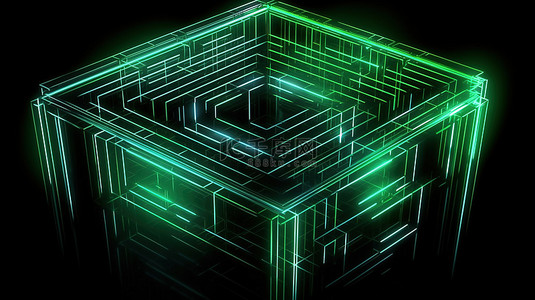 ai迷宫背景图片_等距绿色迷宫立方体概念抽象 3D 插图的黑色背景上的迷宫