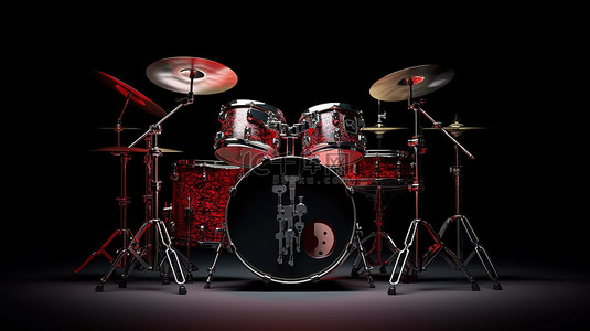 深色背景 3D 渲染上戏剧性灯光下时尚的红色鼓套件