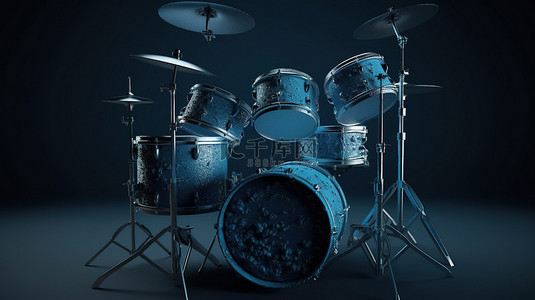 摇滚背景图片_蓝色粘土灵感的专业摇滚鼓套件，黑色饰面，蓝色背景 3D 渲染