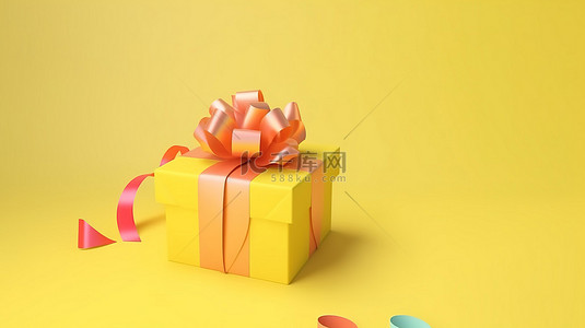 黄色丝带背景图片_充满活力的 3D 渲染彩色礼品盒，黄色背景上有蝴蝶结，非常适合庆祝活动