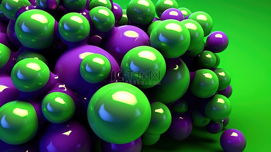 充满活力的紫色背景与 3D 渲染的绿色元球球体