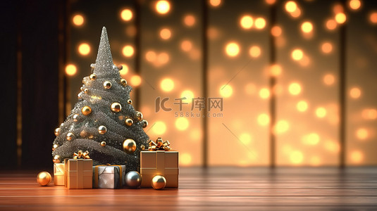 商业红背景图片_节日圣诞树展示在木桌上，非常适合节日庆祝和商业促销，令人惊叹的 3D 渲染