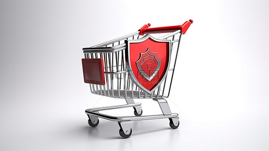 白色背景上红色金属盾的 3D 渲染，象征着购物车中的消费者保护