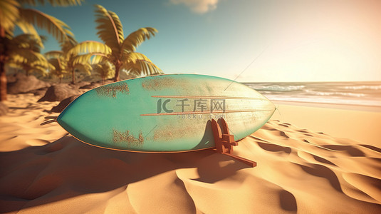 冲浪的暑假概念与冲浪板的 3d 渲染