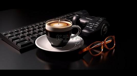 黑色背景的 3D 插图，咖啡杯键盘和相机旁边的眼镜