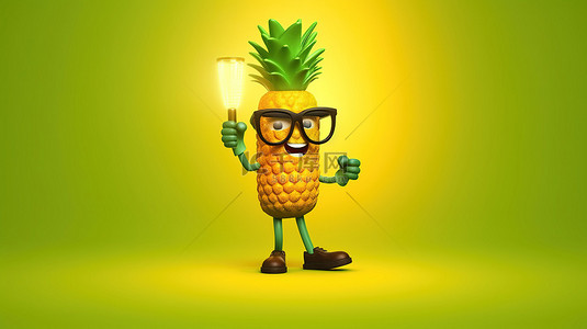 欢快的卡通菠萝时髦吉祥物，在 3d 创建的阳光明媚的黄色背景上举着交通绿灯