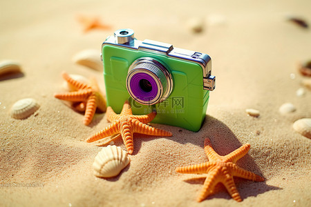 放置在沙子和贝壳之间的绿色相机
