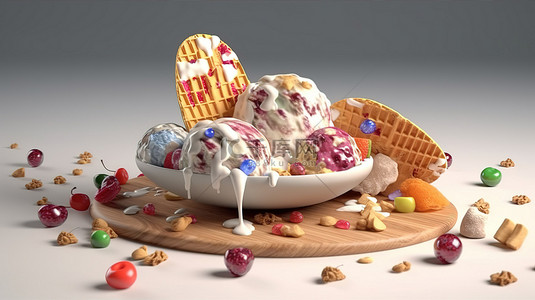 冰沙冰淇淋冰淇淋背景图片_3d 渲染中的饼干和水果顶部冰淇淋勺