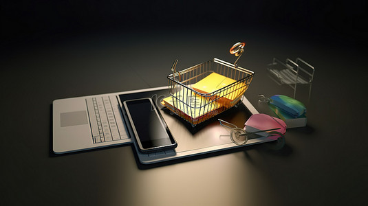 网络电子商务背景图片_3d 呈现购物概念中的电子商务移动业务和笔记本
