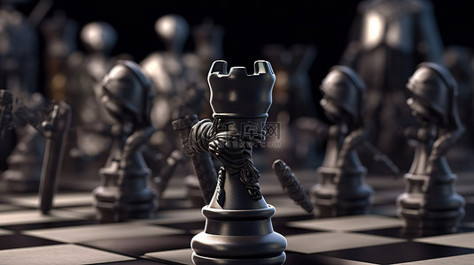 插图 3D 渲染国际象棋套装，配有逼真的国王车和典当士兵，包括麦克风
