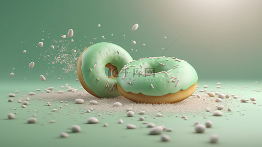 空中在 3D 渲染中在柔和的背景上洒上绿色釉面甜甜圈