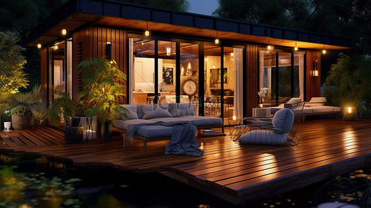 在木屋的木甲板上放松，享受夜间风景 3D 渲染