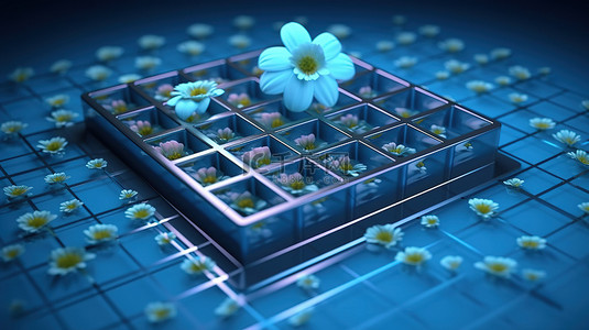 花卉圆形背景图片_蓝色 3d 网格图标上的花卉中心装饰品
