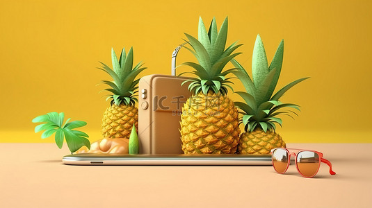 智能手机和菠萝的 3D 插图代表在线预订暑假的概念