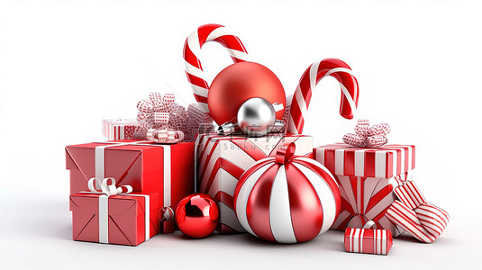 圣诞头像背景图片_3d 摆设袜子礼盒和白色背景中的糖果手杖中异想天开的节日物品