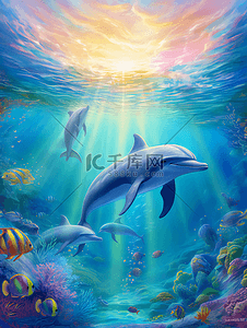 海洋世界吊饰背景图片_海豚热带鱼海底世界卡通广告背景