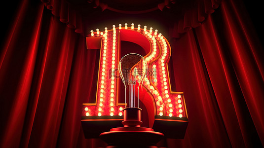 红色剧院幕布背景，带有 3D 渲染夜间灯泡刻字