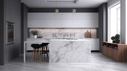 现代厨房设计与白色大理石桌子灰色墙壁和木地板在 3d 渲染