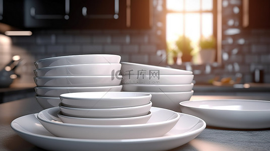 厨房背景，一堆盘子在 3D 渲染中