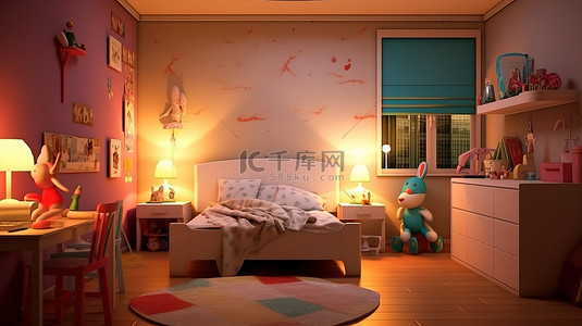 室内照明背景图片_带夜间照明的儿童房间的 3D 渲染