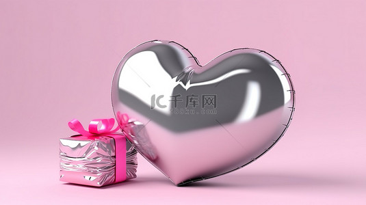 礼物心形背景图片_情人节箔气球礼物心形 3D 渲染