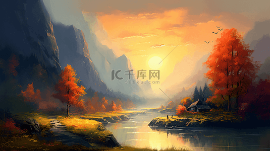 生态花背景图片_田野水流秋天自然生态风景装饰插画背景